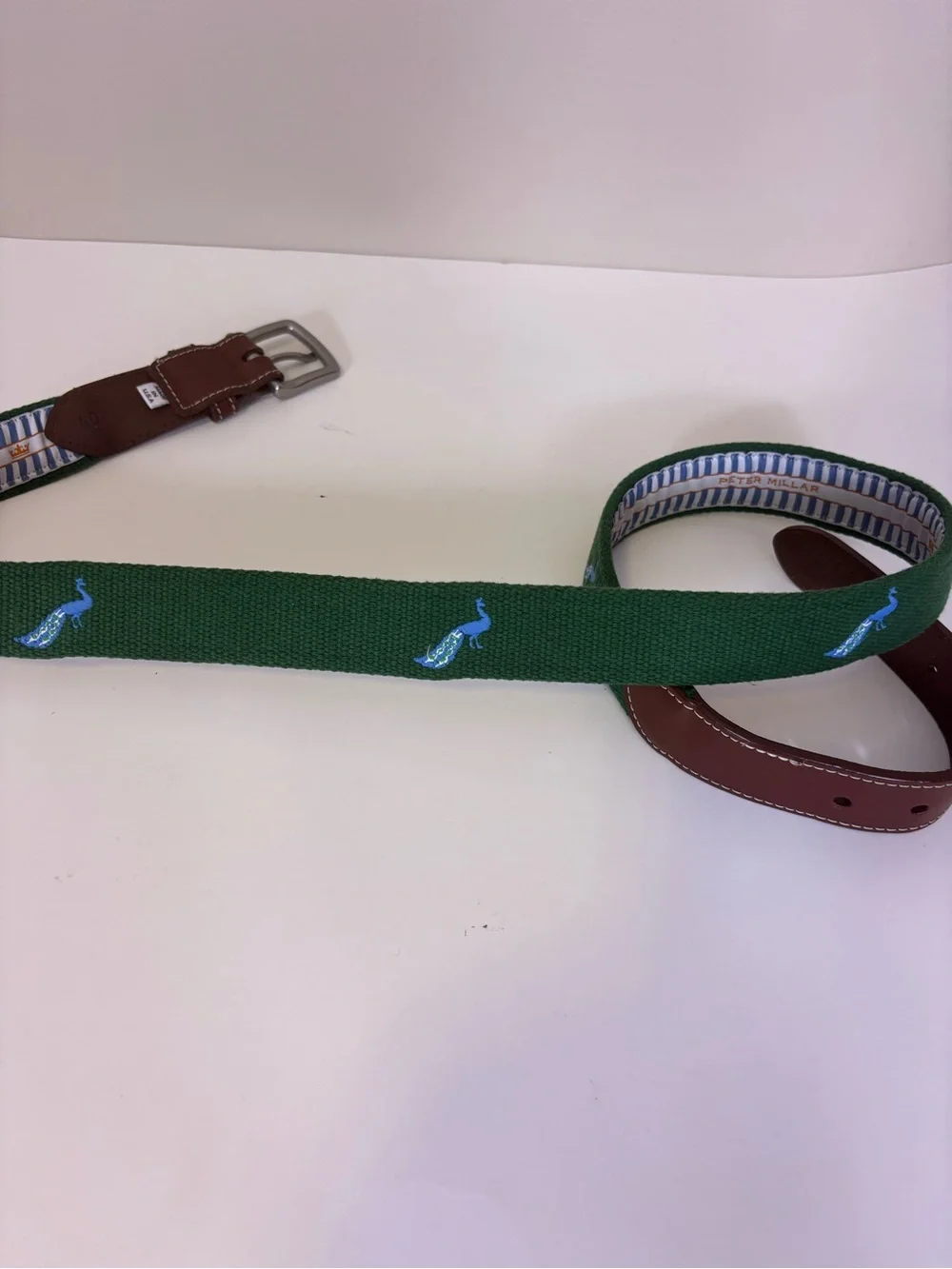 Peter Millar Green Canvas Peacock Embroidery & Logo in White Stripes Belt Men’40